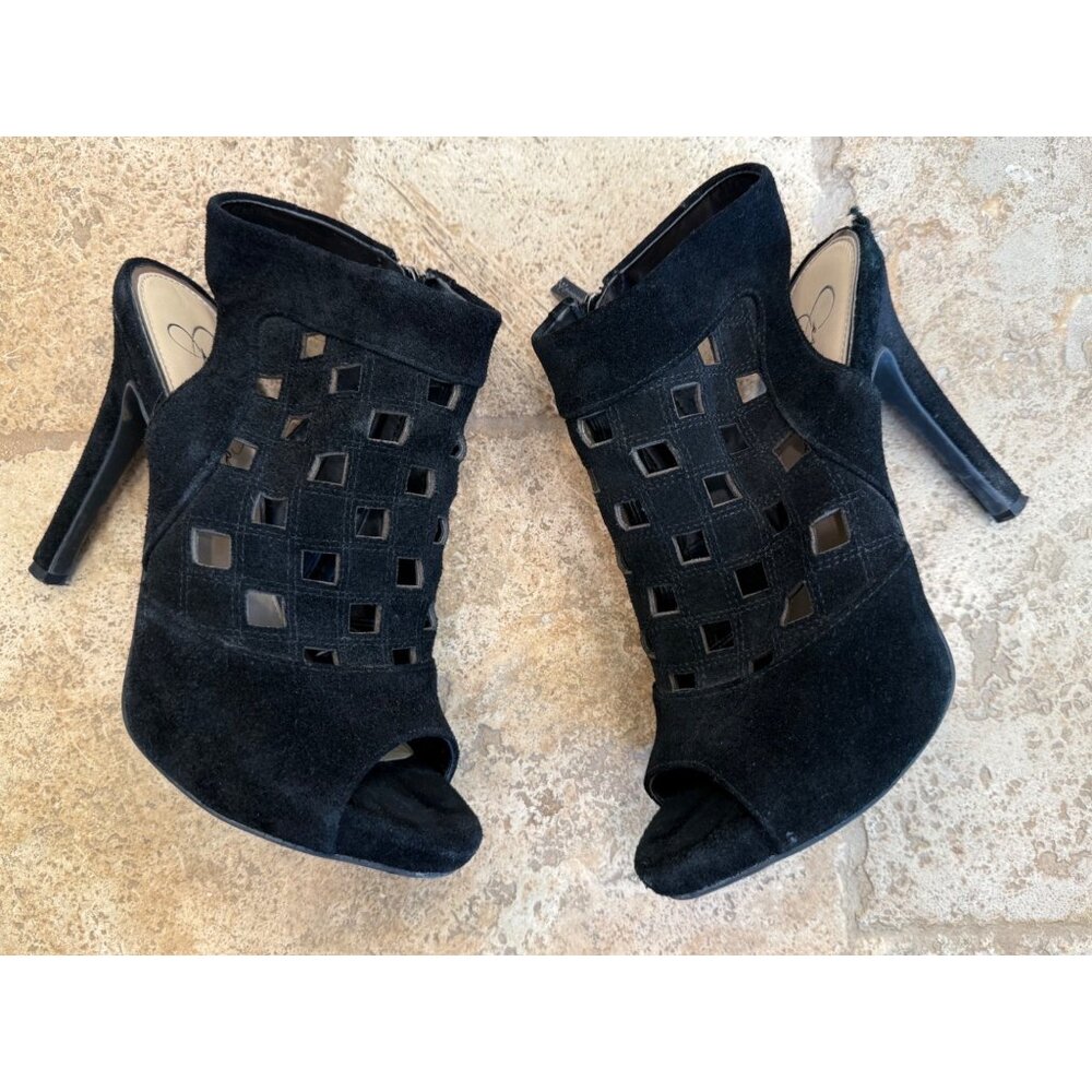 Jessica Simpson Black Suede Peep-Toe Cutout Ankle Booties Size 8.5